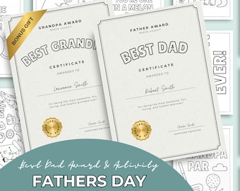 Father’s Day Printable Activity Pack for Kids Dad Award Certificate Card from Child Grandpa Gift Coloring Pages DIY Instant Download