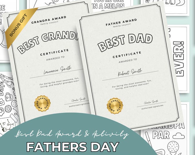 Father’s Day Printable Activity Pack for Kids Dad Award Certificate Card from Child Grandpa Gift Coloring Pages DIY Instant Download
