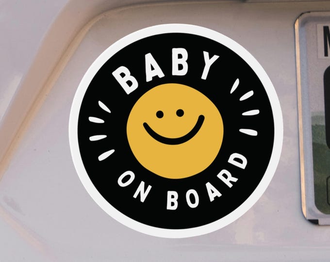 Baby On Board Smiley Face Car Magnet or Sticker: Weatherproof Car Safety Sign