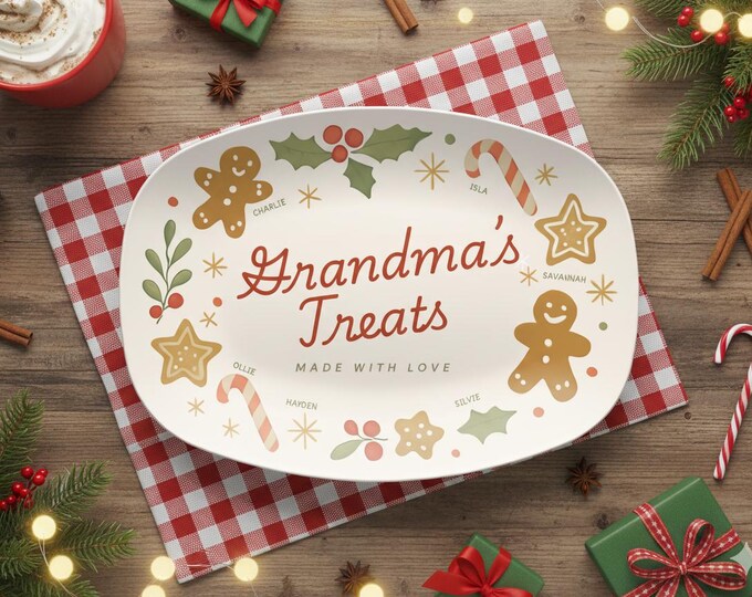 Personalized Grandma's Christmas Cookie Platter with Grandkids Names Holiday Family Baking Gift