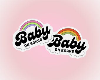 Retro Rainbow Baby on Board Magnet or Decal: Car Safety Accessories