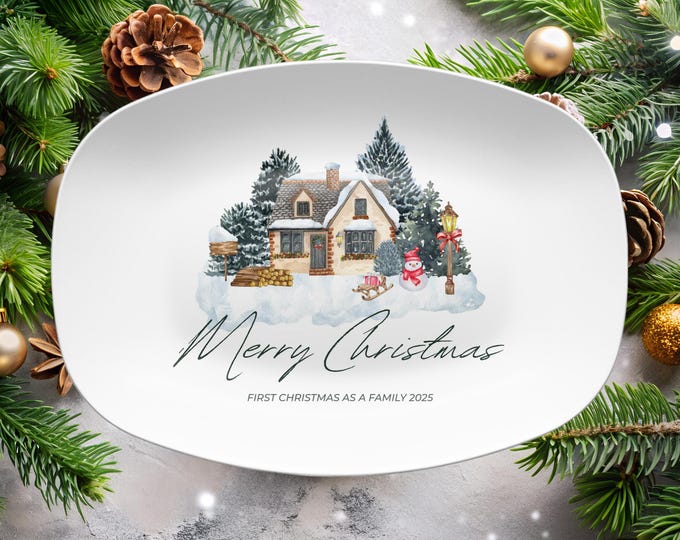 Personalized Merry Christmas Platter Custom Family Name or New Home Holiday Keepsake Plate