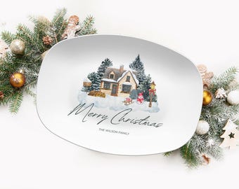 Personalized Merry Christmas Platter Custom Family Name or New Home Holiday Keepsake Plate