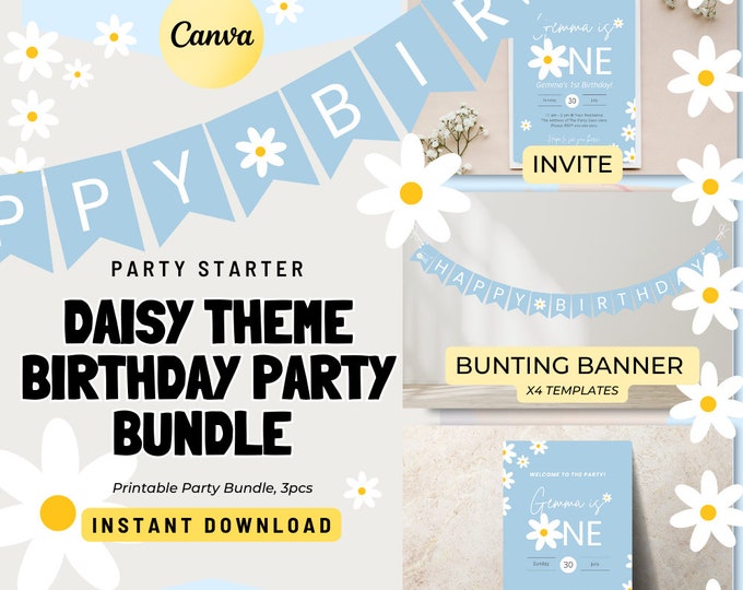 Daisy First Birthday | Daisy Birthday Party Bundle | Daisy Party Invitation | Daisy Party Welcome Sign | Daisy Bunting Banner | Printables