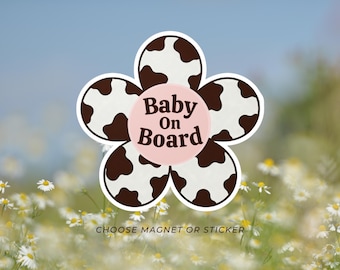 Cow Print Baby On Board Magnet Decal Cute Flower Baby Car Sign Bumper Sticker Aesthetic Mom Car Accessory