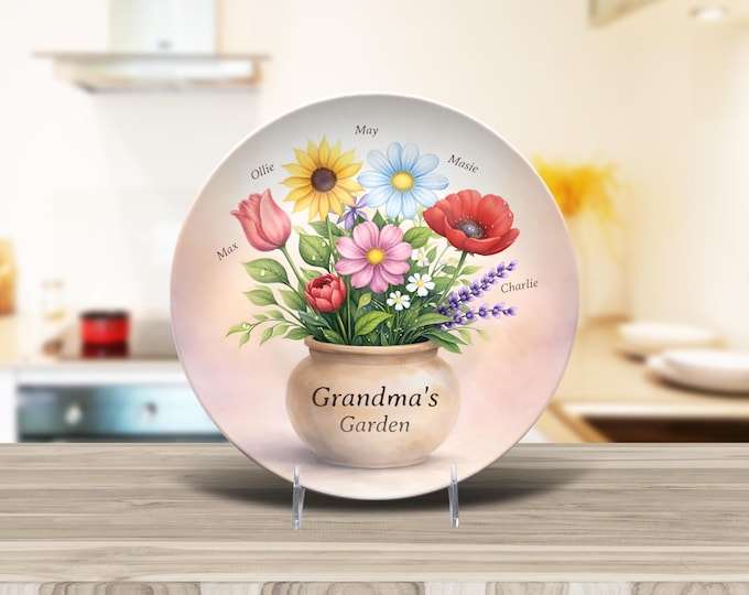 Personalized Floral Plate for Mom, Grandma – Custom Kids Names Keepsake
