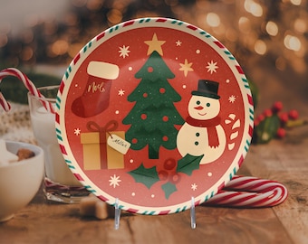Personalized Christmas Plate: Custom Name, Snowman & Tree Design