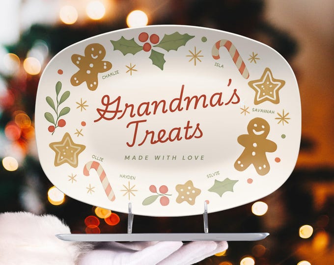 Personalized Grandma's Christmas Cookie Platter with Grandkids Names Holiday Family Baking Gift