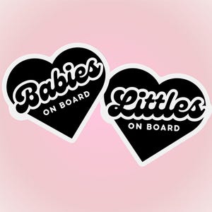 Side-by-side flat lay of baby on board car magnet and bumper sticker