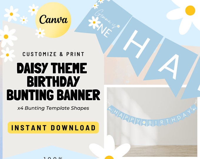 First Birthday Daisy Bunting Banner Digital Template | Baby's 1st Celebration | Editable | Instant Download | Cute Daisy Theme Birthday