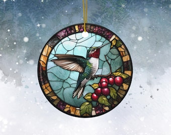 Hummingbird Christmas Ornament Stained Glass Design Ceramic Bird Lover Gift
