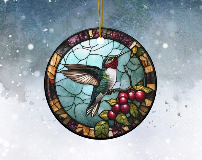 Hummingbird Christmas Ornament Stained Glass Design Ceramic Bird Lover Gift