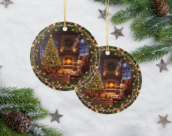Cozy Christmas Fireplace Dog Ornament Double Sided Ceramic Keepsake | Holiday Home Decor Gift