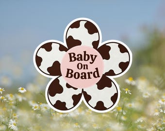 Cow Print Baby On Board Magnet Decal Cute Flower Baby Car Sign Bumper Sticker Aesthetic Mom Car Accessory