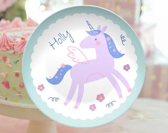 Personalized Unicorn Plate Custom Kids Plate Monogrammed Plate Girls Unicorn Birthday Gift Plastic Plate for Kids Unique Unicorn Gift