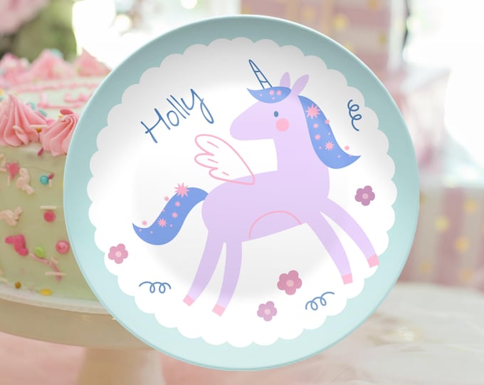 Personalized Unicorn Plate Custom Kids Plate Monogrammed Plate Girls Unicorn Birthday Gift Plastic Plate for Kids Unique Unicorn Gift