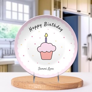 Custom Birthday Plate Personalized Name Gift Kids Plate Cupcake Design Blue Pink Keepsake Toddler Dinnerware First Birthday Plate