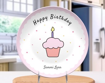 Custom Birthday Plate Personalized Name Gift Kids Plate Cupcake Design Blue Pink Keepsake Toddler Dinnerware First Birthday Plate