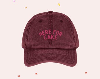 Embroidered Birthday Hat: Vintage Style Cotton Twill Cap - Here For Cake