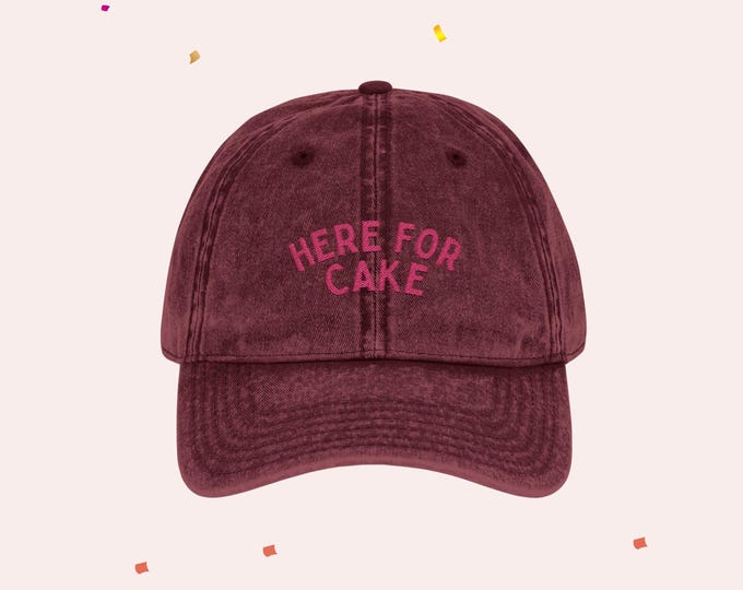 Embroidered Birthday Hat: Vintage Style Cotton Twill Cap - Here For Cake