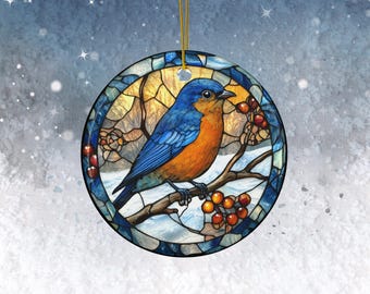 Mountain Bluebird Ornament Faux Stained Glass Art Bird Ornament Christmas Decor
