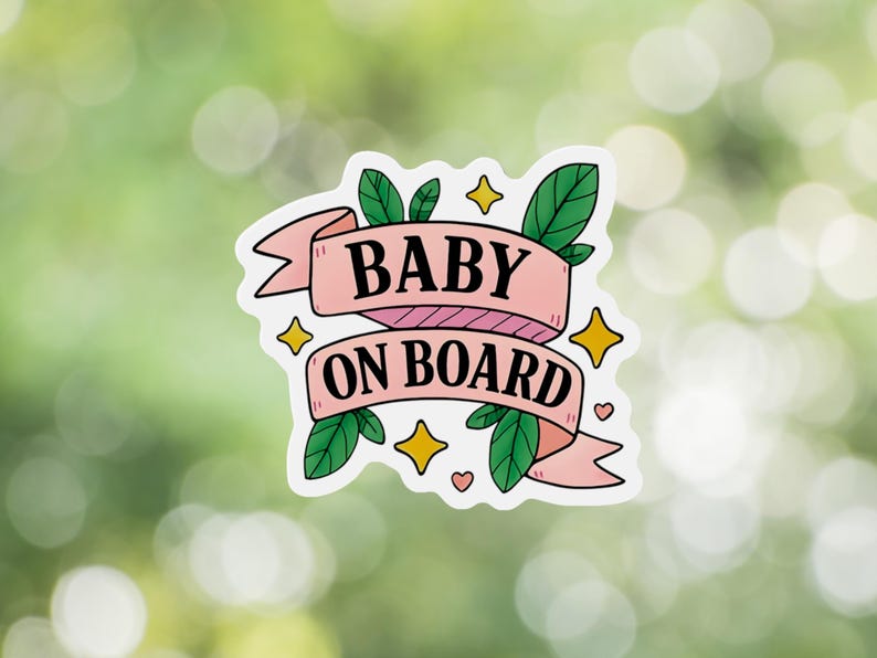 Baby On Board sign with whimsical pink ribbon and nature-inspired graphics