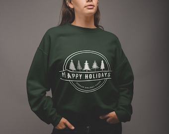 Cozy Holiday Sweatshirt, Classic Christmas Crewneck Sweater, Christmas Tree Design, Matching Family T-Shirts - Happy Holidays Shirt