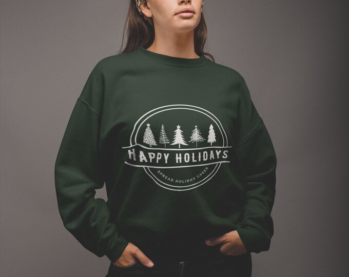 Cozy Holiday Sweatshirt, Classic Christmas Crewneck Sweater, Christmas Tree Design, Matching Family T-Shirts - Happy Holidays Shirt
