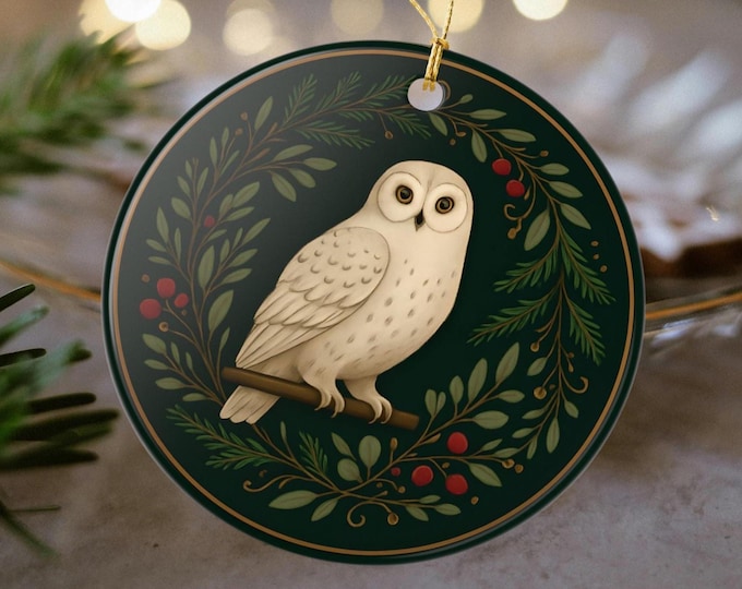 Snowy Owl Christmas Ornament Woodland Ceramic Holiday Decor Winter Bird Keepsake Gift