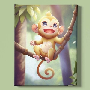 Baby Monkey Art Print Instant Download: Hanging From a Tree Branch in a Forest