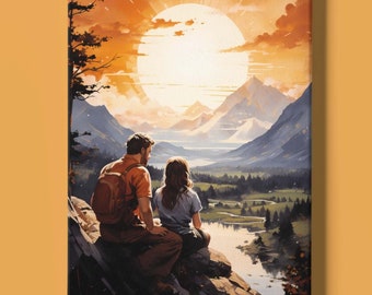May include: A painting of a couple sitting on a cliff overlooking a valley with a large sun in the sky. The couple is looking out at the valley, which is filled with trees and mountains. The sun is setting, and the sky is a mix of orange, yellow, and pink.