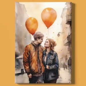 Couple in Love Print | Romantic Couple Wall Art | Couple Watercolor | Romance Art | Balloon Art | Couple Holding Hand Art | Instant Download