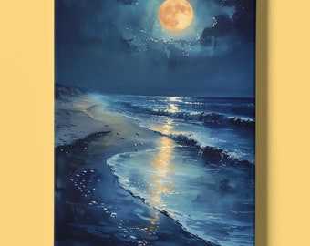 Maan en oceaan Art Print direct downloaden: aquarel van een maanverlichte nacht op het strand