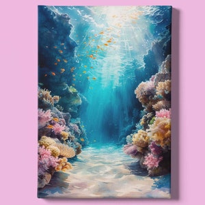 This underwater wall art printable showcases the subaquatic seascape. A school of deep-sea fish moves around, while bright coral reefs in the surroundings add to the scene's charm. This print will look great in homes with minimalist décor.