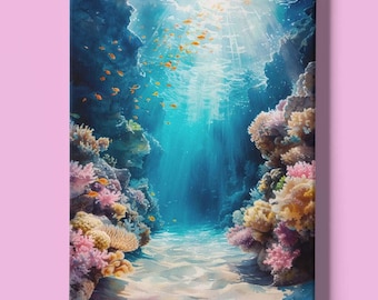 Underwater Seascape Print | Coral Reef Wall Art | Ocean Print | Deep Sea Fish Art | Marine Life Art | Sea Creatures Art | Instant Download