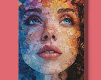 Bohemian Woman Face Art Print Instant Download: Collage Artwork of a Woman with Blue Eyes