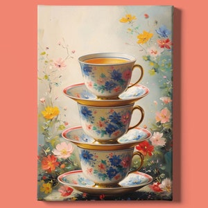 Stack of Tea Cup Print | Vintage Teacup Art | Tea Cup and Saucer Art | Tea Cup Wall Art | Still Life Art | Floral Artwork | Instant Download