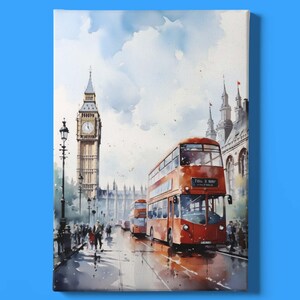 Impressão de arte de Londres | Arte de parede da Inglaterra | Arte de viagem no Reino Unido | Arte do Big Ben | Impressão de ônibus de dois andares | Arte de paisagem urbana para impressão | Download instantâneo