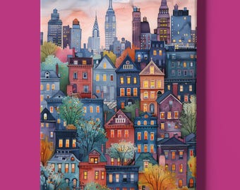 May include: A colorful illustration of a cityscape with buildings in various shades of blue, red, and green. The buildings are arranged in a staggered pattern, creating a sense of depth and perspective. The illustration is set against a background of a cloudy sky with a hint of orange.