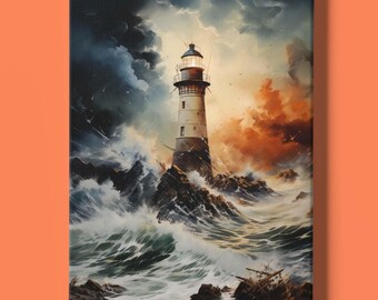 Lighthouse in a Storm Print | Ocean Wave Wall Art | Sunset Art | Beach Decor | Seascape Print | Sea Art | Coastal Posters | Instant Download