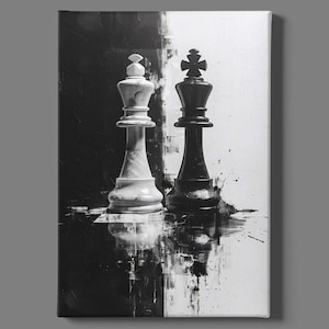 May include: Black and white canvas art featuring two chess king pieces. One king is white, the other black, set against a split background. The artwork has a modern, abstract style with paint splatter effects.