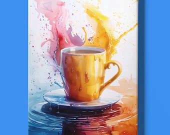 Teacup Art Print Instant Download: Watercolor Painting of a Colorful Tea Cup and Saucer