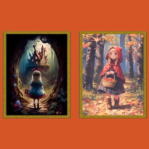2 Fairy Tale Wall Art Print Set | Alice in Wonderland Art Print | Little Red Riding Hood Art Print | Storybook Art | Digital Download Bundle
