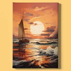 Segelboot Kunstdruck | Ozean Sonnenuntergang Poster | Seelandschaft Kunstwerk | Wellen Kunst | Ozean Kunst | Küsten Poster | Segelboot Gemälde | Sofort Download