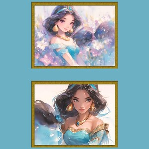 Juego de 2 impresiones artísticas de Jasmine / Arte de princesa / Arte de Las mil y una noches / Arte de pared de cuento de hadas / Arte de libro de cuentos / Arte mágico / Paquete de descarga digital