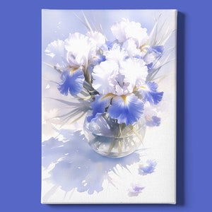 May include: A watercolor painting of a bouquet of white and blue irises in a clear glass vase. The flowers are arranged in a loose, natural style, and the background is a soft, light blue.