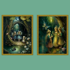 2 Garden Fairy Art Print Set | Angel with Wings Art | Fairy Tale Wall Art | Enchanted Forest Art | Folklore Art | Digital Download Bundle