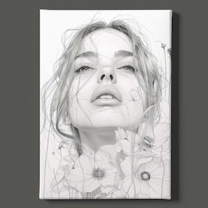 Girl with Flowers Art Print | Woman Portrait Art | Woman Sketch Wall Art | Pencil Drawing | Charcoal Art | Monochrome Art | Instant Download