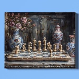 Chess Art Print | Vintage Chess Art | Checkered Wall Art | Chess Pieces Art Deco | Chess Watercolor | Indoor Games Art | Instant Download