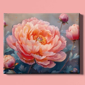 Könnte beinhalten: Leinwanddruck mit einer großen Pfingstrose in Pfirsich- und Rosatönen, umgeben von Knospen und Blättern. Das Kunstwerk hat einen weichen, malerischen Stil mit einem gedämpften Hintergrund.
